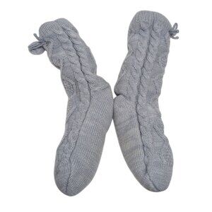 UGG Womens Cable Knit Fleece Lined Socks With Pom Cozy Winter Light Gray Warm
